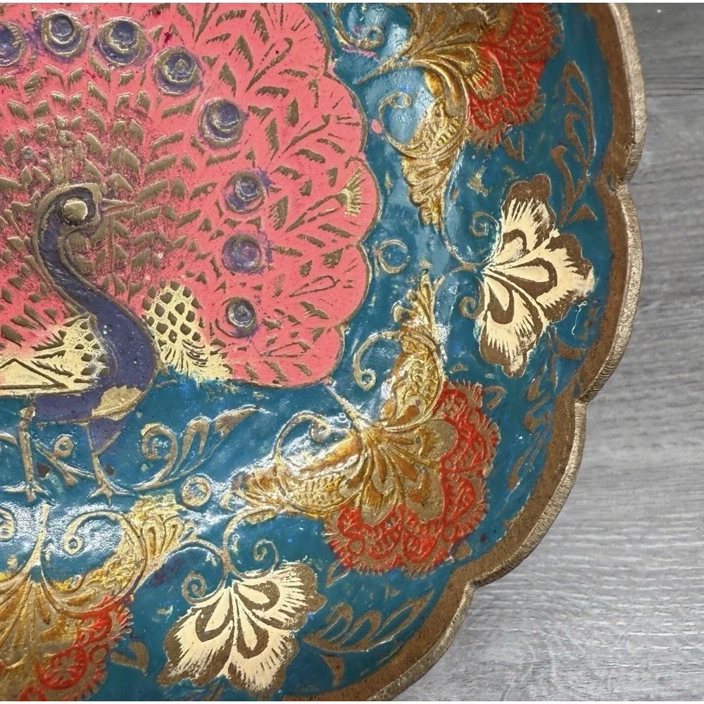 Vtg Brass‎ or Plated Bowl Trinket Dish w/ Peacock Floral Design India Scalloped